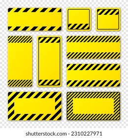 Various blank yellow warning signs with diagonal lines. Attention, danger or caution sign, construction site signage. Realistic notice signboard, warning banner, road shield. Vector illustration