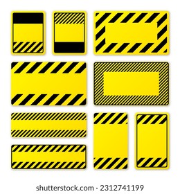 Various blank yellow warning signs with diagonal lines. Attention, danger or caution sign, construction site signage. Realistic notice signboard, warning banner, road shield. Vector illustration