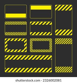 Various blank yellow warning signs with diagonal lines. Attention, danger or caution sign, construction site signage. Realistic notice signboard, warning banner, road shield. Vector illustration