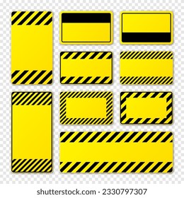 Various blank yellow warning signs with diagonal lines. Attention, danger or caution sign, construction site signage. Realistic notice signboard, warning banner, road shield. Vector illustration