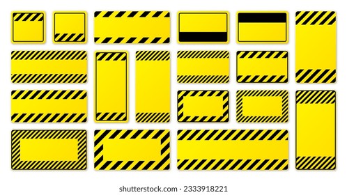 Various blank yellow warning signs with diagonal lines. Attention, danger or caution sign, construction site signage. Realistic notice signboard, warning banner, road shield. Vector illustration