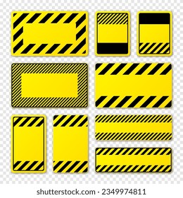 Various blank yellow warning signs with diagonal lines. Attention, danger or caution sign, construction site signage. Realistic notice signboard, warning banner, road shield. Vector illustration