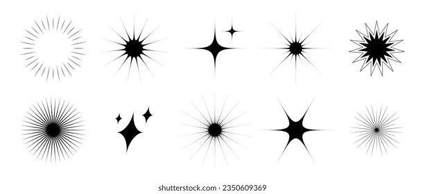 Various blinks and twinkles set. Retro stars collection. Abstract black starburst shine effect pack. Design bling element template for poster, banner, logo, card, icon, label, collage. Vector bundle