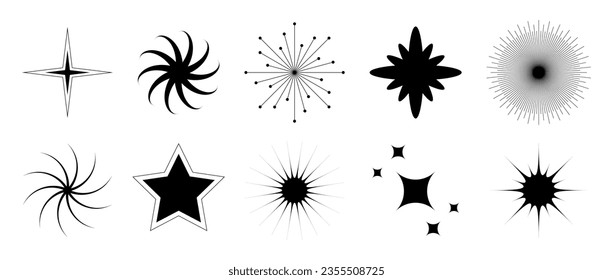 Various blinks and twinkles set. Retro bling stars collection. Abstract black starburst shine effect pack. Design elements for poster, banner, logo, card, icon, label, collage. Vector bundle