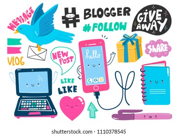 Various blogger stuff. Hand drawn colored vector set. All elements are isolated