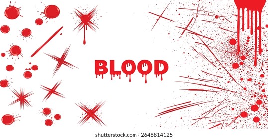 Vários respingos de sangue, traços, gotas e listras. Conjunto vetorial de elementos sangrentos, conceito de horror, violência, crime. Sangrento conjunto de elementos, traços de respingos de diferentes tipos.