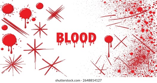 Varias salpicaduras de sangre, rastros, gotas y vetas. Vector conjunto de Elementos sangrientos, concepto de horror, violencia, delito. Conjunto sangriento de Elementos, rastros de salpicaduras de diferentes tipos.