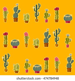 Various blooming cacti. Seamless background pattern. Vector illustration