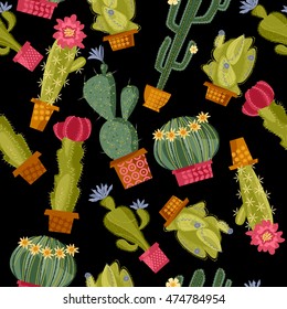 Various blooming cacti. Seamless background pattern. Vector illustration