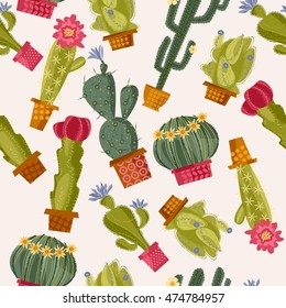 Various blooming cacti. Seamless background pattern. Vector illustration