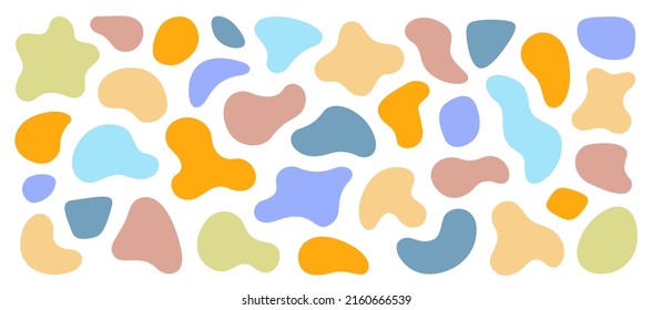 Various blotch. Random color blobs, round abstract organic shapes. Basic, simple rounded, smooth colorful forms Pebble, drops and stone silhouettes. Inkblot 90s texture vector set.