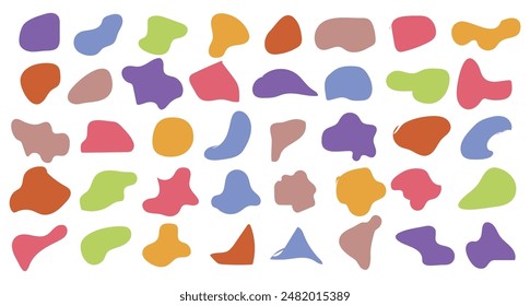Various blotch. Random color blobs, round abstract organic shapes. Basic, simple rounded, smooth colorful forms Pebble, drops and stone silhouettes. Inkblot 90s texture vector set. 10 eps.