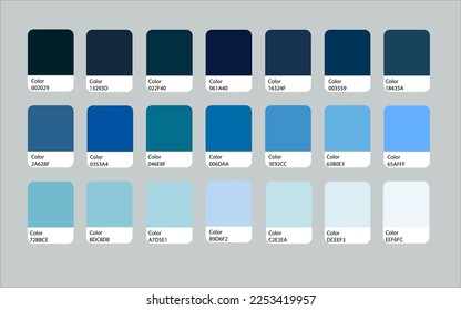 Various blue color guide vector palette. Samples with colour RGB HEX codes.