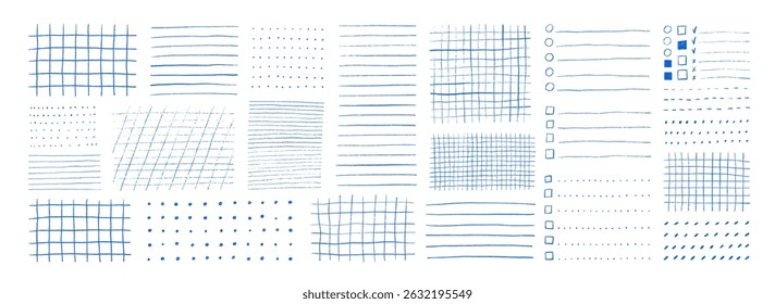 Various blue grids and lines patterns for paper sheets, notes and stickers. Hand drawn textures for bullet journal pages. Crayon drawn checklist templates. Vector doodle school math sheets.