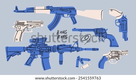 Various blue Guns set. Pistol, assault rifle, revolver, bullets, automatic weapon silhouettes. Cartoon style. Protection, army, arsenal, ammo concept. Hand drawn Vector illustration. Isolated elements