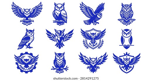 Various blue owl logos and emblems with different designs