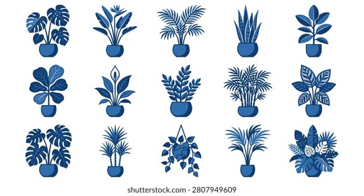 Various blue potted plants and leafy greens in a grid layout.