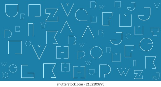 Various Blue Randomly Placed, Sized and Oriented Art Deco Style Bold Letters Pattern - Texture on Dark Wide Scale Background, Design Element for Web or Book Covers in Editable Vector Format
