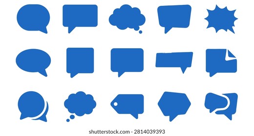 Various blue speech bubbles of different shapes and sizes on a white background.