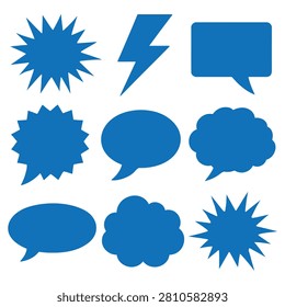 Various blue speech bubbles, thought clouds, and a lightning bolt symbol for communication and ideas.