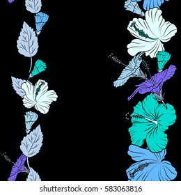 Various blue and violet hibiscus hawaiian tropical flowers. Vertical vector floral seamless pattern with copy space (place for your text).