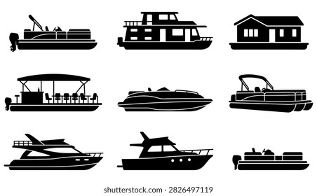Various boat and watercraft silhouettes set with watercraft, silhouette