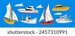 Various boats and ships, ocean transport. Sailing ship, tugboat, wind sail boat, yacht, fishing and speed boat. Hand drawn Vector illustration. Cartoon style. Isolated design elements