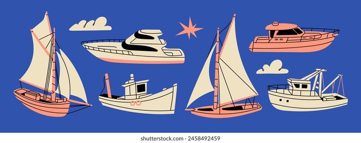 Various boats and ships, ocean transport. Sailing ship, tugboat, wind sail boat, yacht, fishing and speed boat. Hand drawn Vector illustration. Cartoon style. Isolated design elements