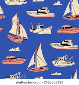 Verschiedene Boote und Schiffe, Seetransport. Segelschiff, Schlepper, Windsegelboot, Yacht, Angeln und Schnellboot. Handgezeichnete Vektorillustration. Cartoon-Stil. Quadratisches nahtloses Muster