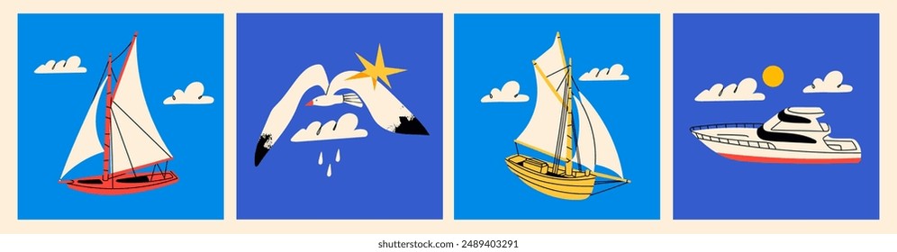 Various boats and ships, ocean transport, seagull, clouds. Sailing ship, wind sail boat, yacht, speed boat. Hand drawn Vector illustration. Cartoon style. Isolated design elements. Pre made cards