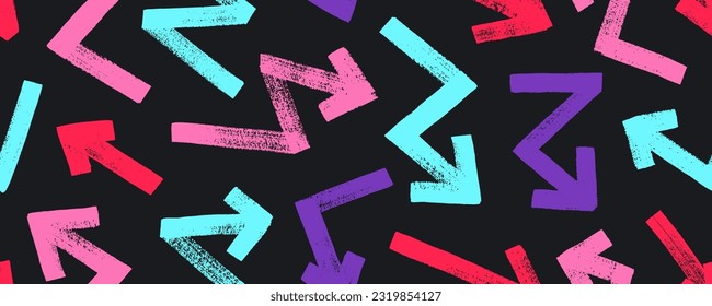 Various bold brush drawn arrows colorful seamless pattern. Hand drawn different straight lines with angles, bold lightning shaped arrows. Seamless abstract geometric pattern in sketchy grunge style.