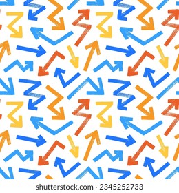 Various bold brush drawn arrows colorful seamless pattern. Hand drawn different straight lines with angles, bold lightning shaped arrows. Seamless abstract geometric pattern in sketchy grunge style.