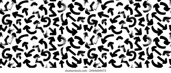 Various bold brush drawn arrows seamless pattern. Hand drawn different straight lines with angles, with bold arrows. Seamless abstract geometric pattern in sketchy grunge style.