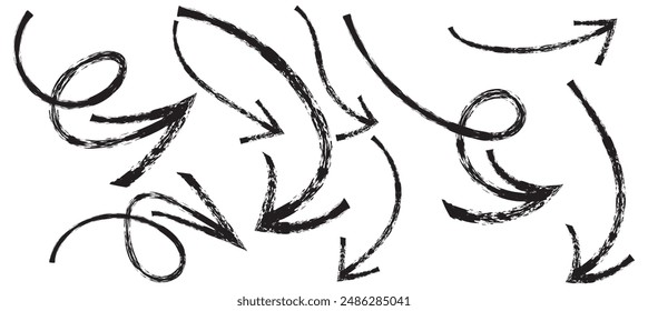 Various bold brush drawn curved arrows. Collection doodle marker thick arrows in different directions. Hand drawn vector direction pointers. Curved and wavy brush strokes with scratches.