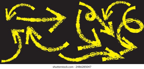 Various bold brush drawn curved arrows. Collection doodle marker thick arrows in different directions. Hand drawn vector direction pointers. Curved and wavy brush strokes with scratches.
