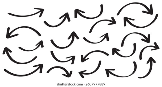 Various bold brush drawn curved arrows. Collection doodle marker thick arrows in different directions. Hand drawn vector direction pointers. Curved and wavy brush strokes with scratches. Hand drawn 