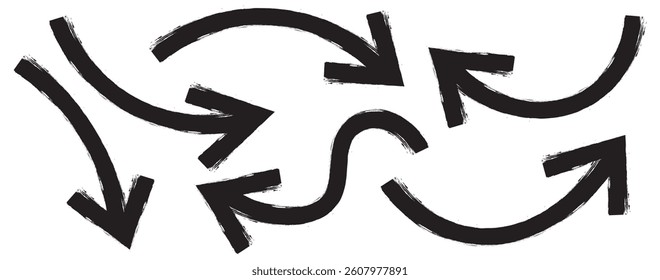 Various bold brush drawn curved arrows. Collection doodle marker thick arrows in different directions. Hand drawn vector direction pointers. Curved and wavy brush strokes with scratches. Hand drawn 