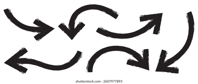 Various bold brush drawn curved arrows. Collection doodle marker thick arrows in different directions. Hand drawn vector direction pointers. Curved and wavy brush strokes with scratches. Hand drawn 