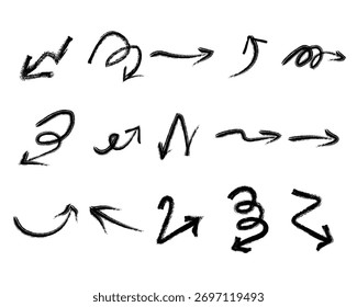 Various bold brush drawn curved arrows. Collection doodle marker thick arrows in different directions. Hand drawn vector direction pointers. Curved and wavy brush strokes with scratches.