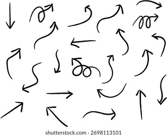 Verschiedene fette Pinsel gezeichnet gekrümmte Pfeile. Sammeln doodle Marker dicke Pfeile in verschiedenen Richtungen. Handgezeichnete Vektorrichtungszeiger. Gebogene und gewellte Pinselstriche mit Kratzern.