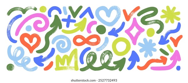 Various bold brush drawn lines, geometric figures, hearts and funky arrows. Graffiti, girly punk and hip hip styles colorful vector elements for collages, print and design. Primitive geometric forms.