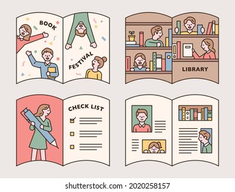 Various book illustrations in the frame of an open book. happy people. people in the library. person who writes. outline simple vector illustration.