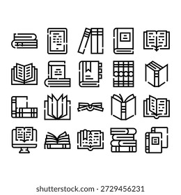 Various book and reading icons representing education, learning, literature, library resources, e books, and knowledge transfer in a black outline style on a white background