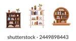 Various bookcases, book cabinets, shelves with stacks of educational books, plants and objects. isolated vector flat illustrations for book store, World Book Day, book fair designs.