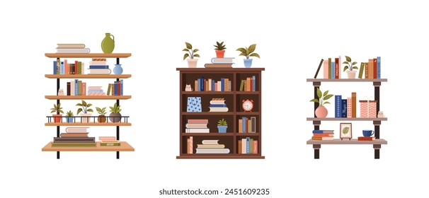 Various bookcases, book cabinets, shelves with stacks of educational books, plants and objects. isolated vector flat illustrations for book store, World Book Day, book fair designs.