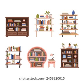 Various bookcases, book cabinets, shelves with stacks of educational books, plants and objects. isolated vector flat illustrations on white background for book store, World Book Day, book fair designs