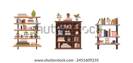 Various bookcases, book cabinets, shelves with stacks of educational books, plants and objects. isolated vector flat illustrations for book store, World Book Day, book fair designs.