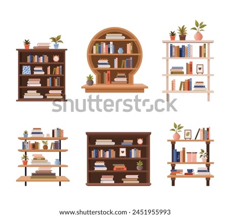 Various bookcases, book cabinets, shelves with stacks of educational books, plants and objects. isolated vector flat illustrations on white background for book store, World Book Day, book fair designs