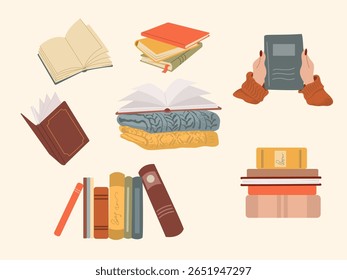 Vários livros de diferentes tamanhos e cores são organizados criativamente, destacando páginas abertas, volumes empilhados e um par de mãos segurando um livro, enfatizando o amor pela leitura.