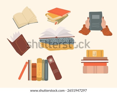 Various books of different sizes and colors are arranged creatively, highlighting open pages, stacked volumes, and a pair of hands holding a book, emphasizing a love for reading.
